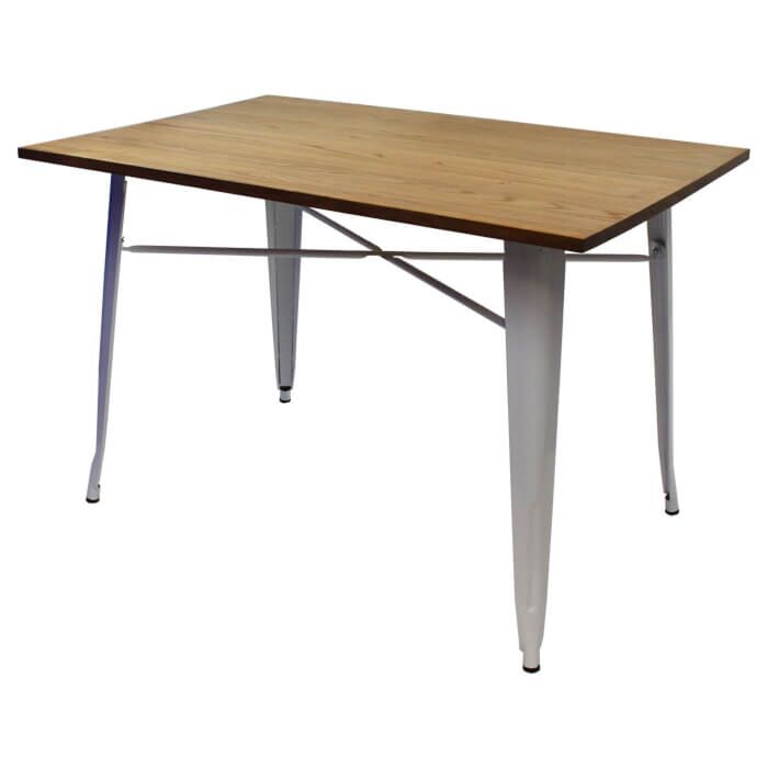 Tolix Style Dining Table - 120cm x 80cm Rectangle - Gloss White with Light Oak Top