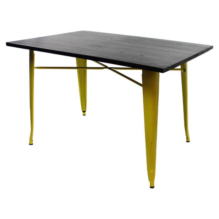 Tolix Style Dining Table - 120cm x 80cm Rectangle - Gloss Yellow with Dark Oak Top