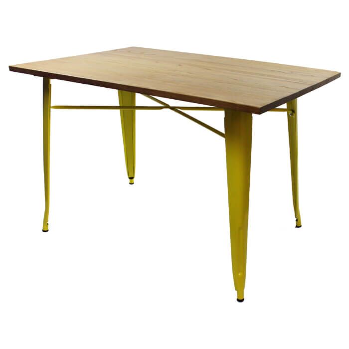 Tolix Style Dining Table - 120cm x 80cm Rectangle - Gloss Yellow with Light Oak Top