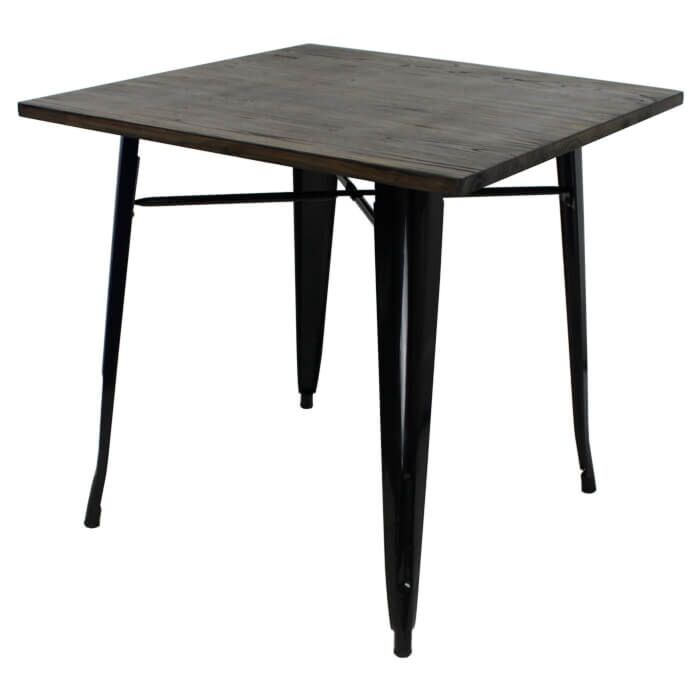 Tolix Style Dining Table - 80cm Square - Gloss Black with Wooden Top - Dark Oak