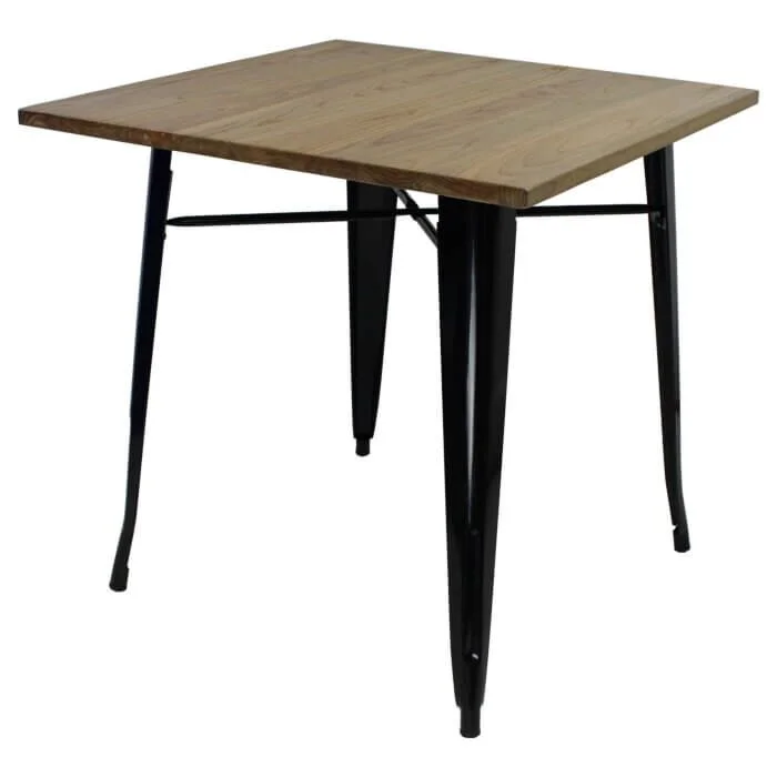 Tolix Style Dining Table - 80cm Square - Gloss Black with Wooden Top - Light Oak