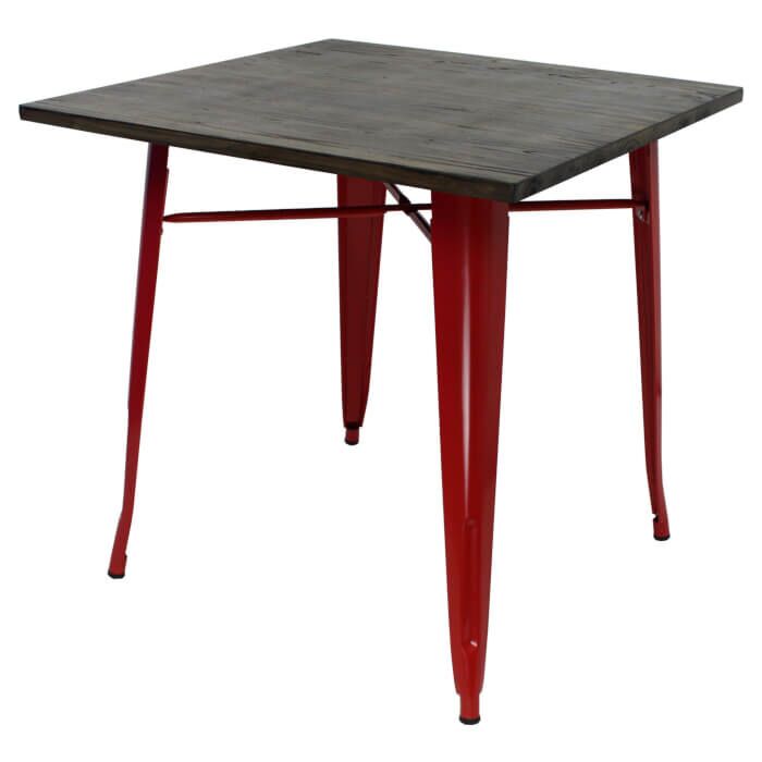 Tolix Style Dining Table - 80cm Square - Gloss Red with Wooden Top - Dark Oak