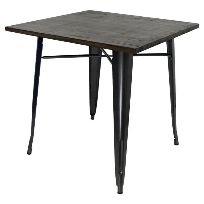 Tolix Style Dining Table - 80cm Square - Gloss Gun Metal Grey with Wooden Top - Dark Oak