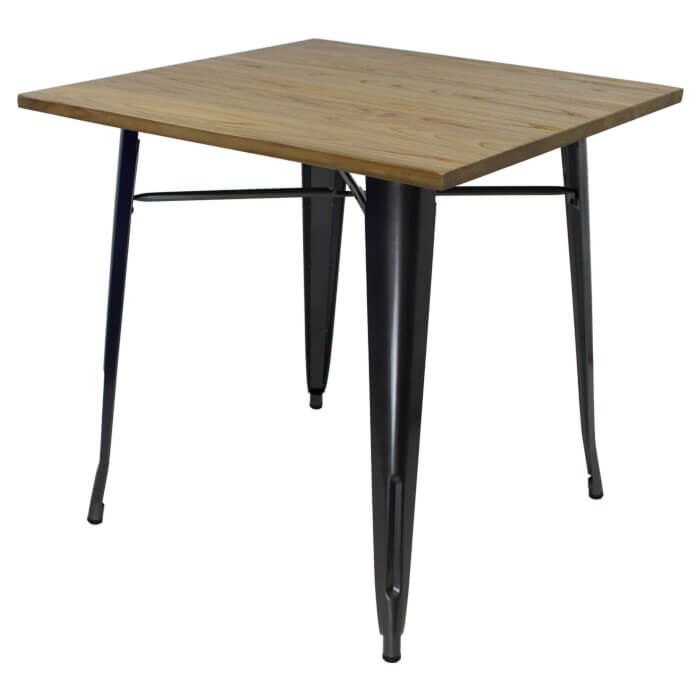 Tolix Style Dining Table - 80cm Square - Gloss Gun Metal Grey with Wooden Top - Light Oak