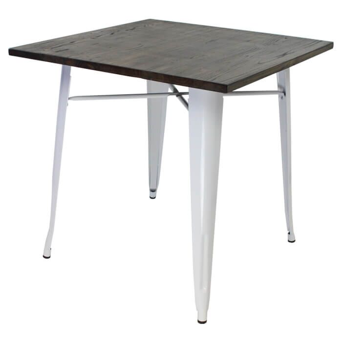Tolix Style Dining Table - 80cm Square - Gloss White with Wooden Top - Dark Oak