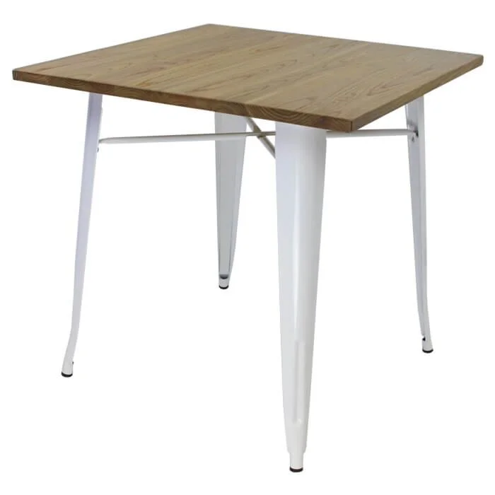 Tolix Style Dining Table - 80cm Square - Gloss White with Wooden Top - Light Oak