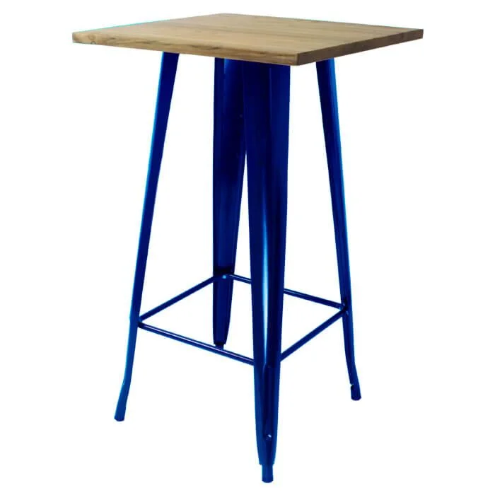 Tolix Style Bar Table - 60cm Square - Gloss Blue with Wooden Top - Light Oak