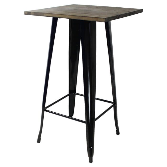 Tolix Style Bar Table - 60cm Square - Gloss Black with Wooden Top - Dark Oak