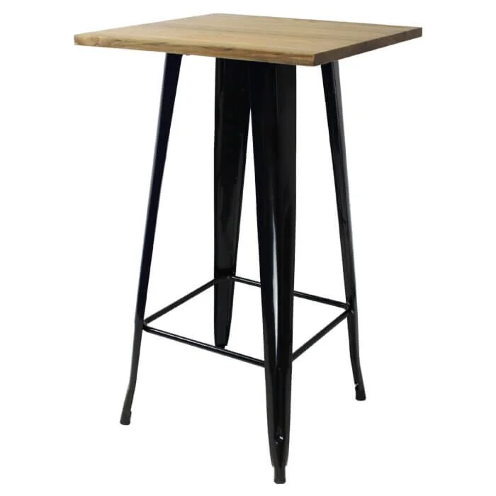Tolix Style Bar Table - 60cm Square - Gloss Black with Wooden Top - Light Oak