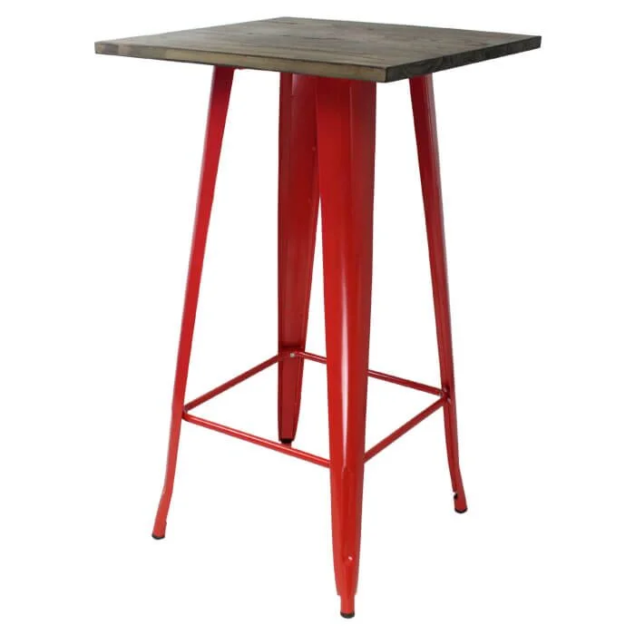 Tolix Style Bar Table - 60cm Square - Gloss Red with Wooden Top - Dark Oak