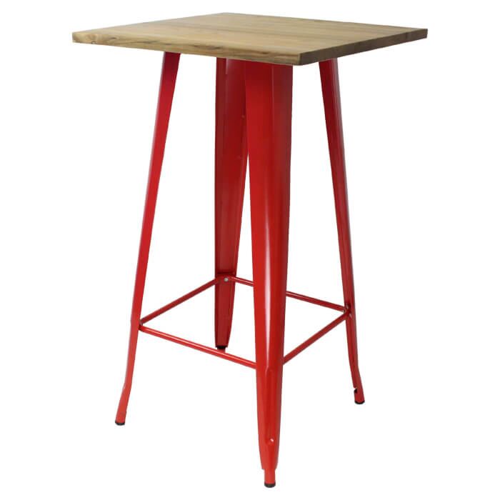 Tolix Style Bar Table - 60cm Square - Gloss Red with Wooden Top - Light Oak