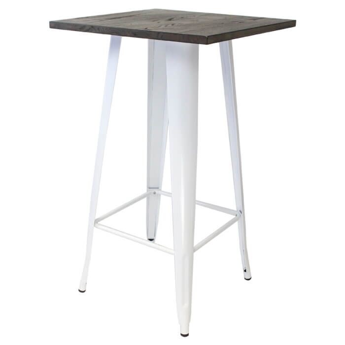 Tolix Style Bar Table - 60cm Square - Gloss White with Wooden Top - Dark Oak