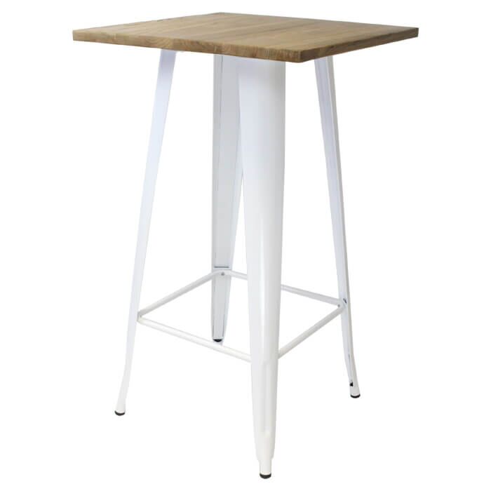 Tolix Style Bar Table - 60cm Square - Gloss White with Wooden Top - Light Oak