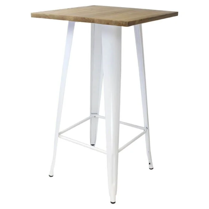 Tolix Style Bar Table - 60cm Square - Gloss White with Wooden Top - Light Oak