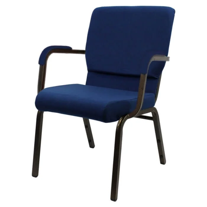 Profile view of Worship Church Chair with Arms in Blue Fabric