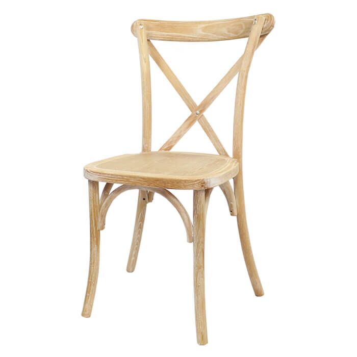 Profile view of Oak Frame Distressed Finish Crossback Banqueting Chair