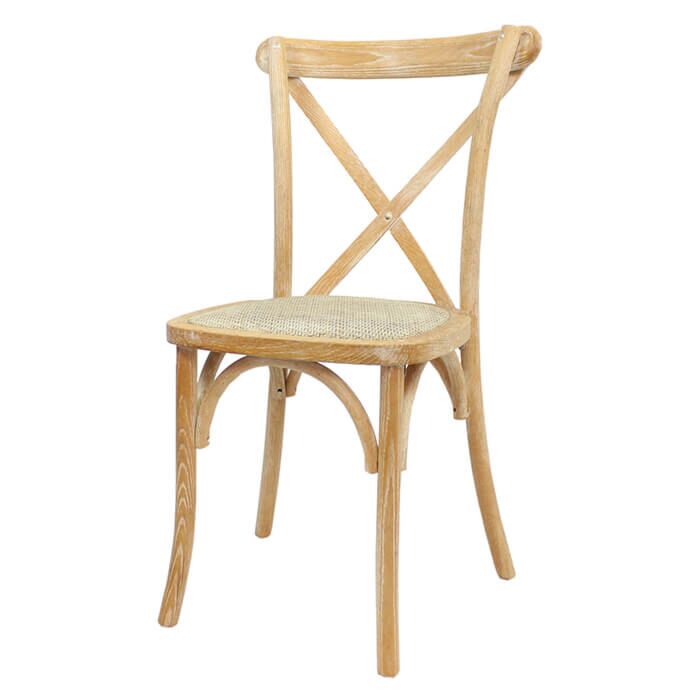 Profile view of Oak Frame Distressed Finish Crossback Banqueting Chair with Rattan Seat Pad