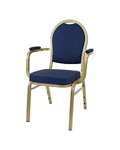 Profile view of Round Back Aluminium Banqueting Chair with Arms in Blue Fabric