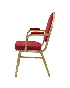 Profile view of Round Back Aluminium Banqueting Chair with Arms in Red Fabric