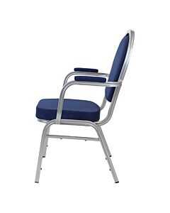 Profile view of Round Back Aluminium Banqueting Chair with Arms in Blue Fabric