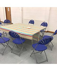 Profile view of Blue Economy Fanback Plastic Folding Chair