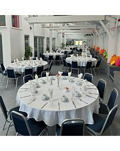 Profile view of Economy Steel Banqueting Chair in Blue Fabric