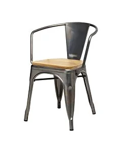 Tolix Style Armchair Industrial Grey with Wooden Seat