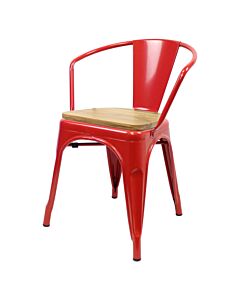 Tolix Style Armchair Red with Wooden Seat