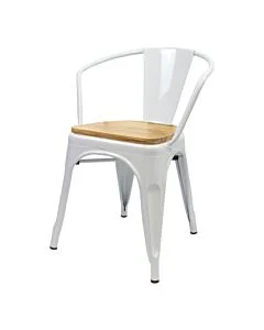 Tolix Style Armchair White with Wooden Seat