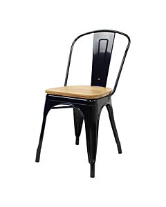 Tolix Style Side Chair Gloss Black with Wooden Seat