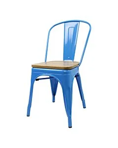 Tolix Style Side Chair Blue with Wooden Seat
