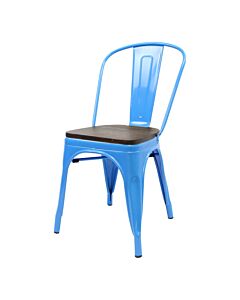 Tolix Style Side Chair Blue with Wooden Seat