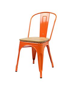 Tolix Style Side Chair Orange with Wooden Seat