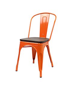 Tolix Style Side Chair Orange with Wooden Seat