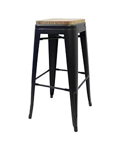 Tolix Style 76cm Bar Height Stool Matte Black with Wooden Seat