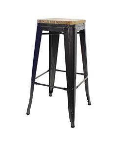 Tolix Style 76cm Bar Height Stool Gloss Gun Metal with Wooden Seat