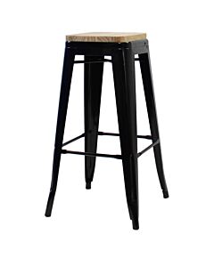 Tolix Style 76m Bar Height Stool Gloss Black with Wooden Seat