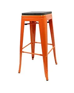 Tolix Style 76cm Bar Height Stool Orange with Wooden Seat