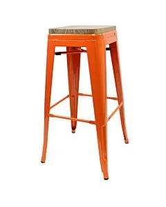 Tolix Style 76cm Bar Height Stool Orange with Wooden Seat