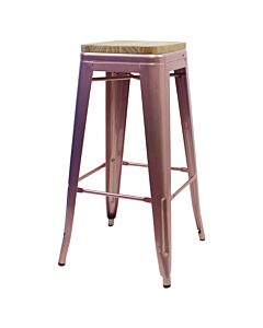 Tolix Style 76cm Bar Height Stool Rose Gold with Wooden Seat