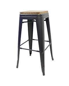 Tolix Style 76cm Bar Height Stool Matte Gun Metal with Wooden Seat