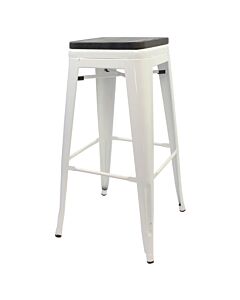 Tolix Style 76cm Bar Height Stool White with Wooden Seat