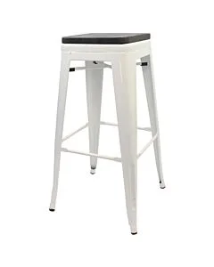 Tolix Style 76cm Bar Height Stool White with Wooden Seat