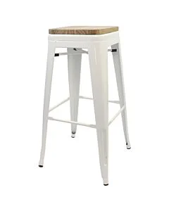 Tolix Style 76cm Bar Height Stool White with Wooden Seat