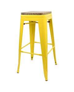 Tolix Style 76cm Bar Height Stool Yellow with Wooden Seat
