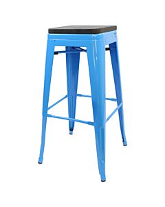 Tolix Style 76cm Bar Height Stool Blue with Wooden Seat