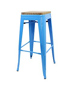 Tolix Style 76cm Bar Height Stool Blue with Wooden Seat