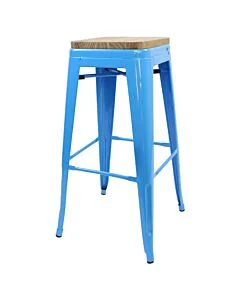 Tolix Style 76cm Bar Height Stool Blue with Wooden Seat