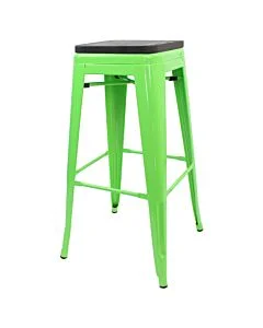 Tolix Style 76cm Bar Height Stool Green with Wooden Seat