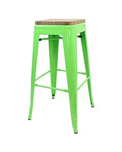 Tolix Style 76cm Bar Height Stool Green with Wooden Seat